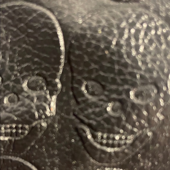 SKULLS- Faux Leather Embossed Skull Black Textured Bucket Bag with Chain Handles - Picture 15 of 16